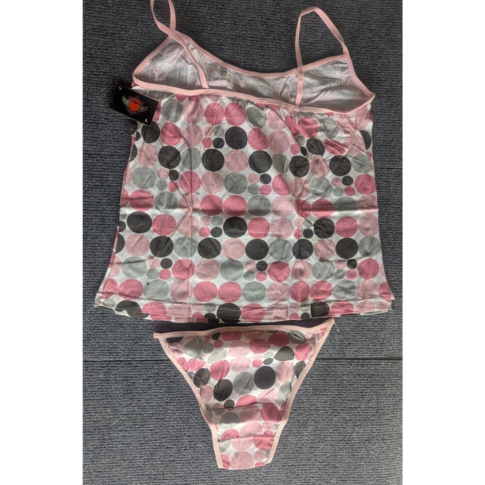 Dangerous Duds L Cami & Panty Set Pink Gray Polka Dot Cotton NWT